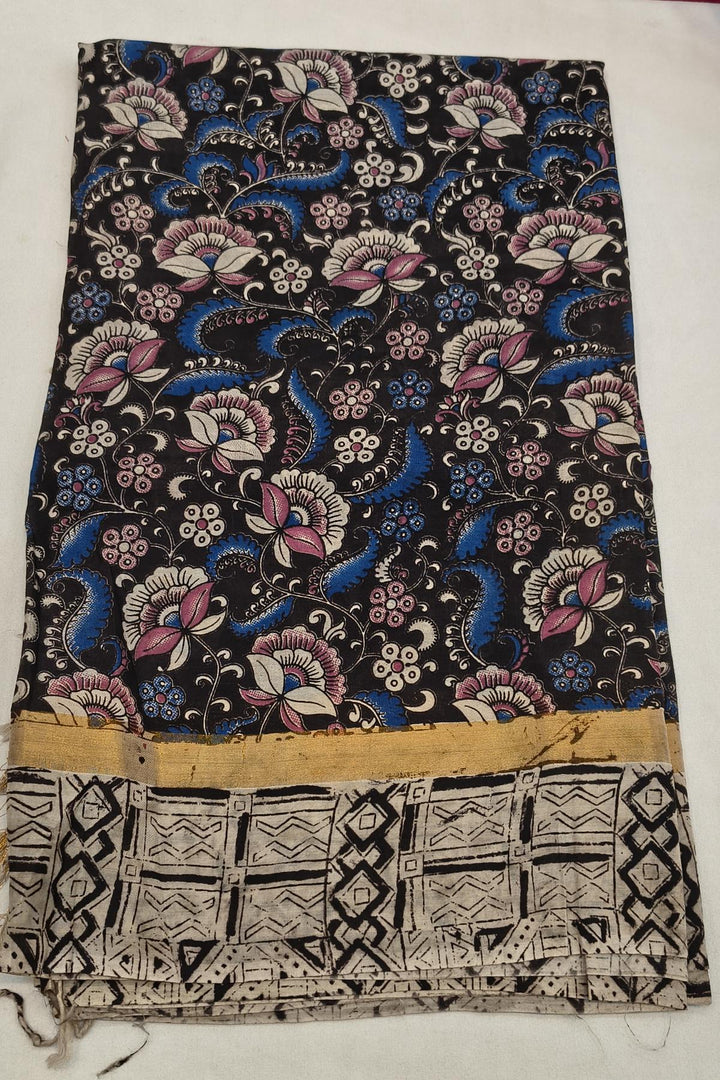 Mangalgiri silk cotton saree in black  in kalamkari print with  small  border