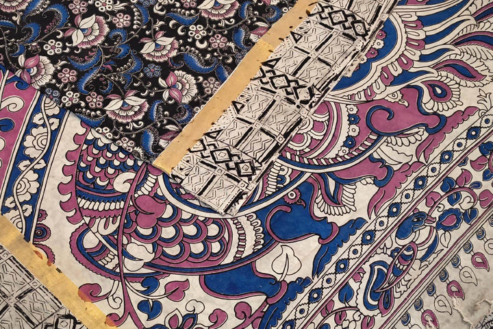 Mangalgiri silk cotton saree in black  in kalamkari print with  small  border