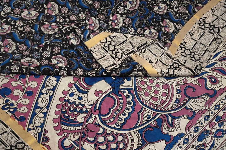 Mangalgiri silk cotton saree in black  in kalamkari print with  small  border