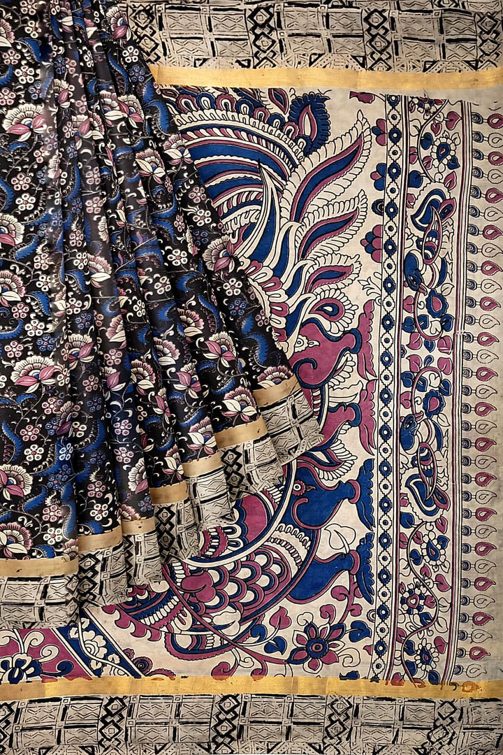 Mangalgiri silk cotton saree in black  in kalamkari print with  small  border