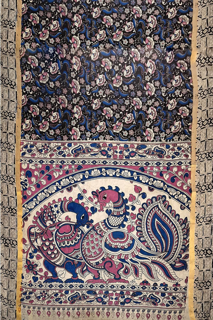Mangalgiri silk cotton saree in black  in kalamkari print with  small  border