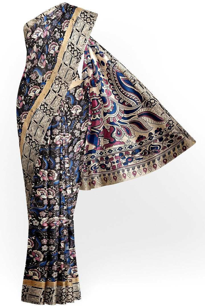 Mangalgiri silk cotton saree in black  in kalamkari print with  small  border