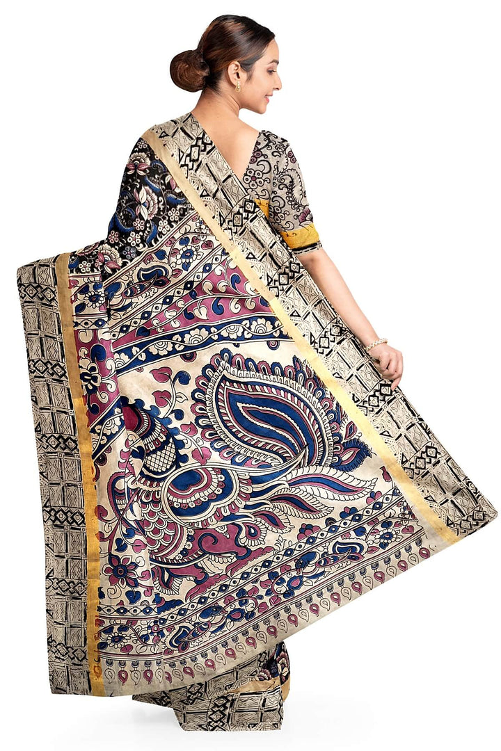 Mangalgiri silk cotton saree in black  in kalamkari print with  small  border