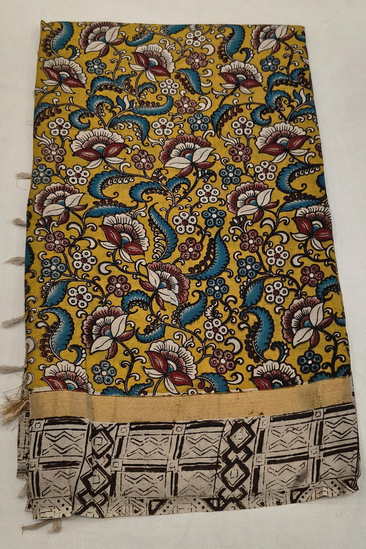 Mangalgiri silk cotton saree in yellow  in kalamkari print
