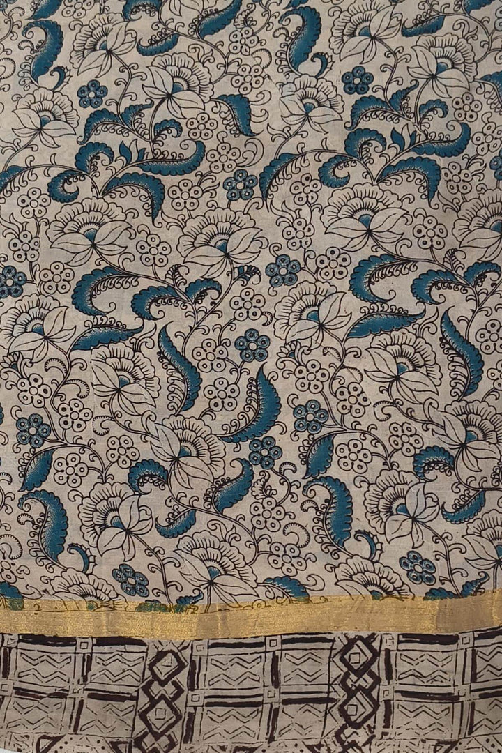 Mangalgiri silk cotton saree in yellow  in kalamkari print