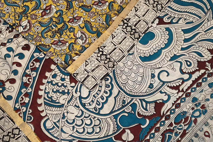 Mangalgiri silk cotton saree in yellow  in kalamkari print