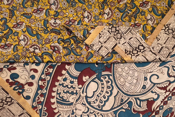 Mangalgiri silk cotton saree in yellow  in kalamkari print
