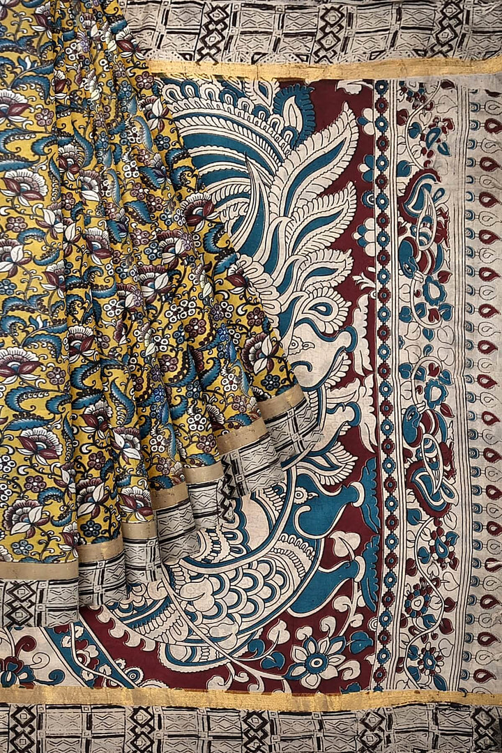 Mangalgiri silk cotton saree in yellow  in kalamkari print