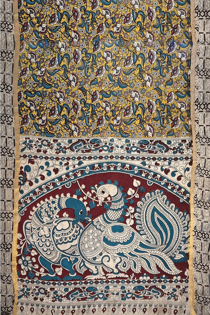 Mangalgiri silk cotton saree in yellow  in kalamkari print