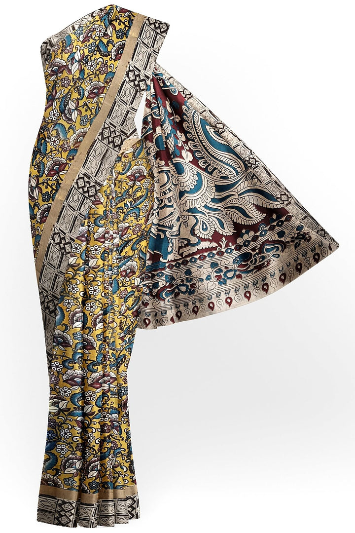 Mangalgiri silk cotton saree in yellow  in kalamkari print