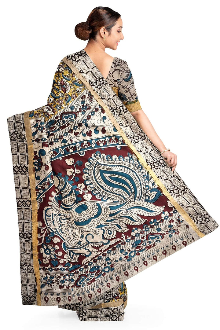 Mangalgiri silk cotton saree in yellow  in kalamkari print