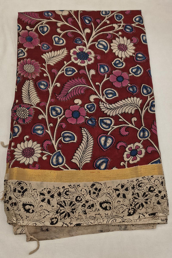 Mangalgiri silk cotton saree in maroon  in kalamkari print
