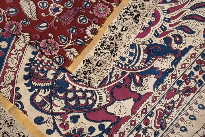 Mangalgiri silk cotton saree in maroon  in kalamkari print