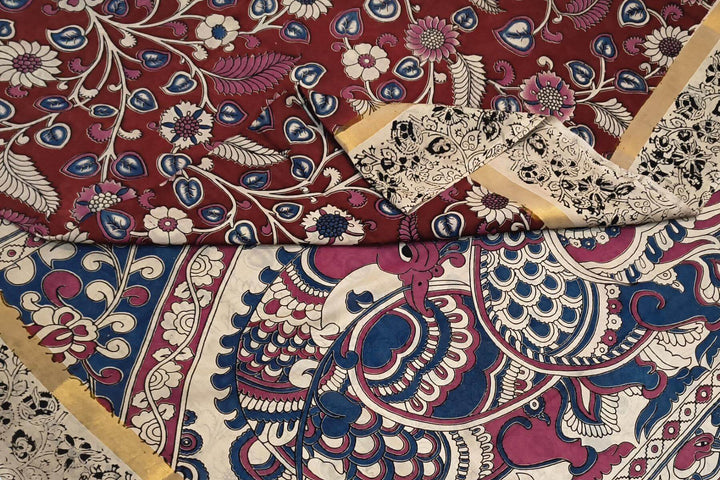 Mangalgiri silk cotton saree in maroon  in kalamkari print