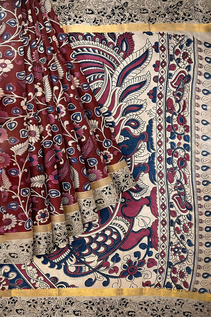 Mangalgiri silk cotton saree in maroon  in kalamkari print