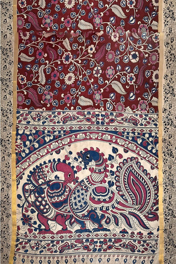 Mangalgiri silk cotton saree in maroon  in kalamkari print