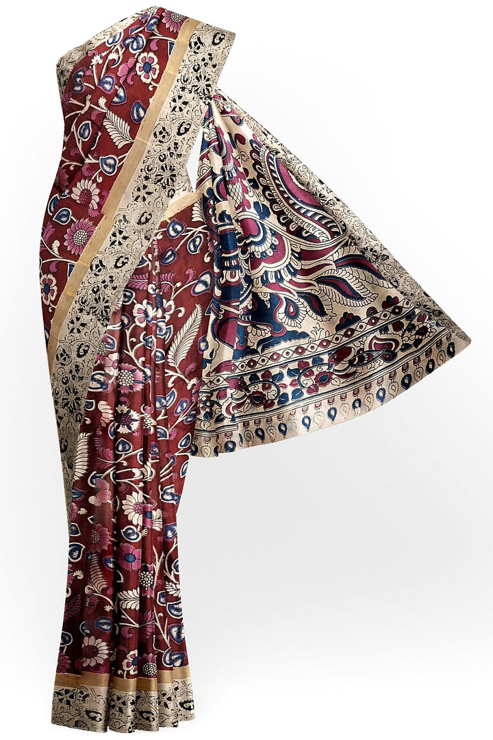 Mangalgiri silk cotton saree in maroon  in kalamkari print
