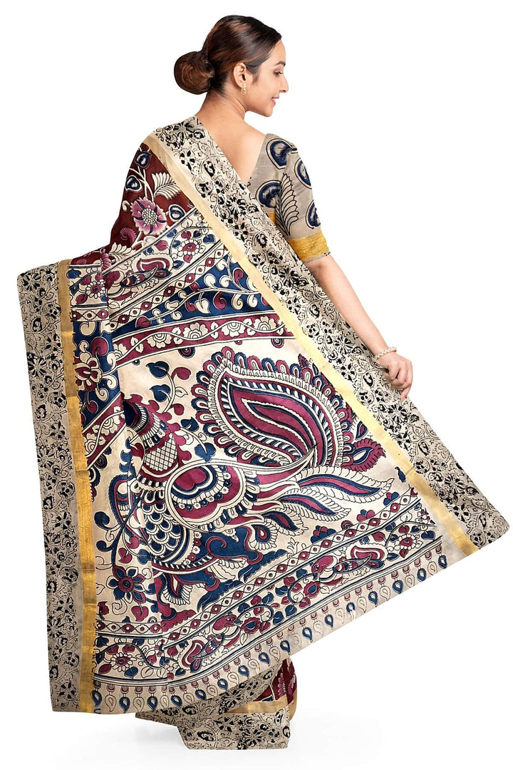 Mangalgiri silk cotton saree in maroon  in kalamkari print