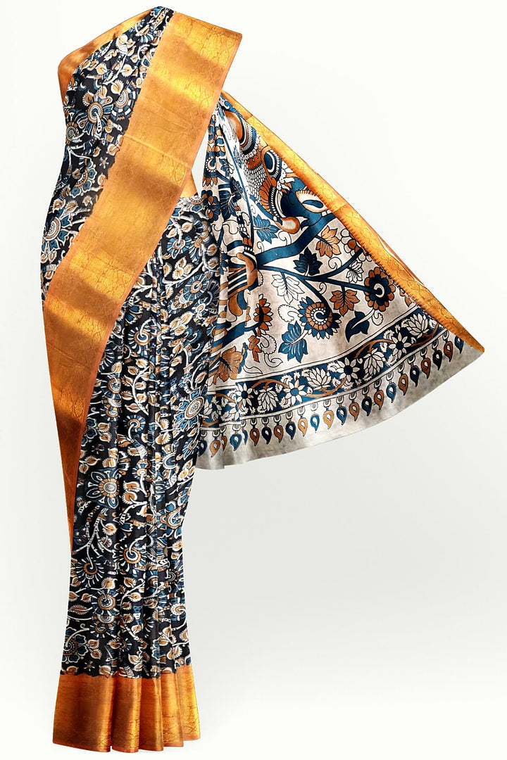 Mangalgiri silk cotton saree in  black  in kalamkari print