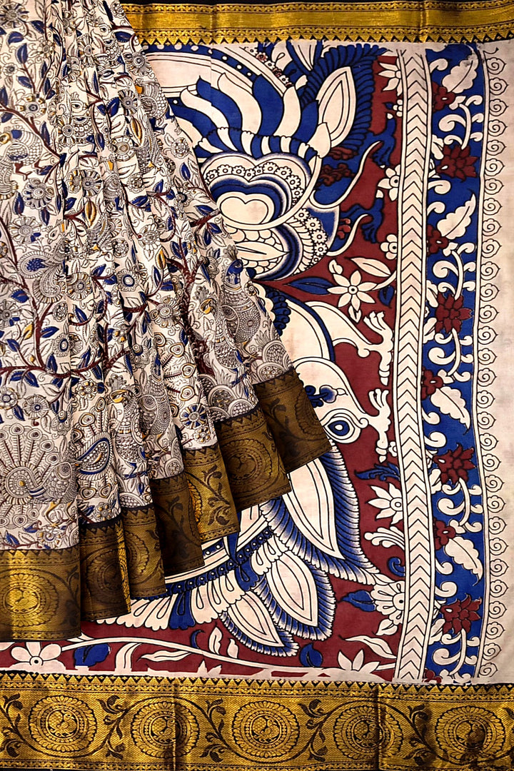 Mangalgiri silk cotton saree in  off white  in kalamkari print