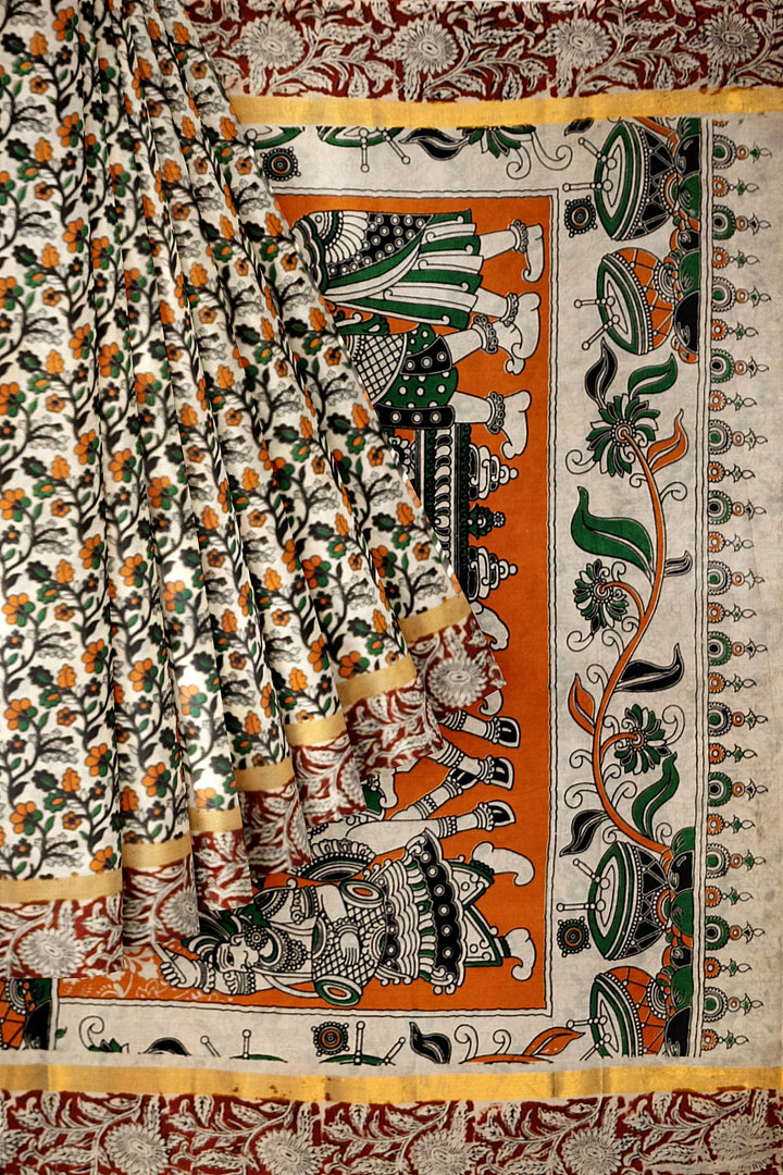 Mangalgiri silk cotton saree in off white & brown in  kalamkari print