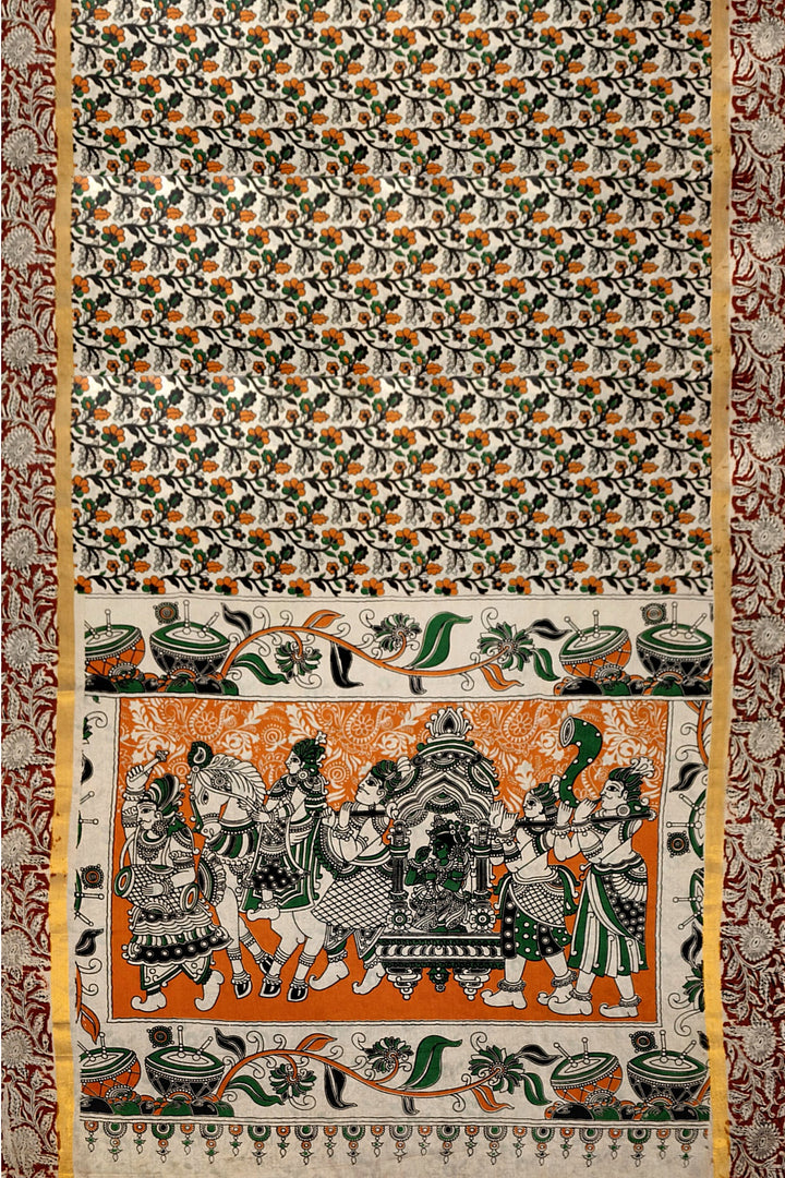 Mangalgiri silk cotton saree in off white & brown in  kalamkari print