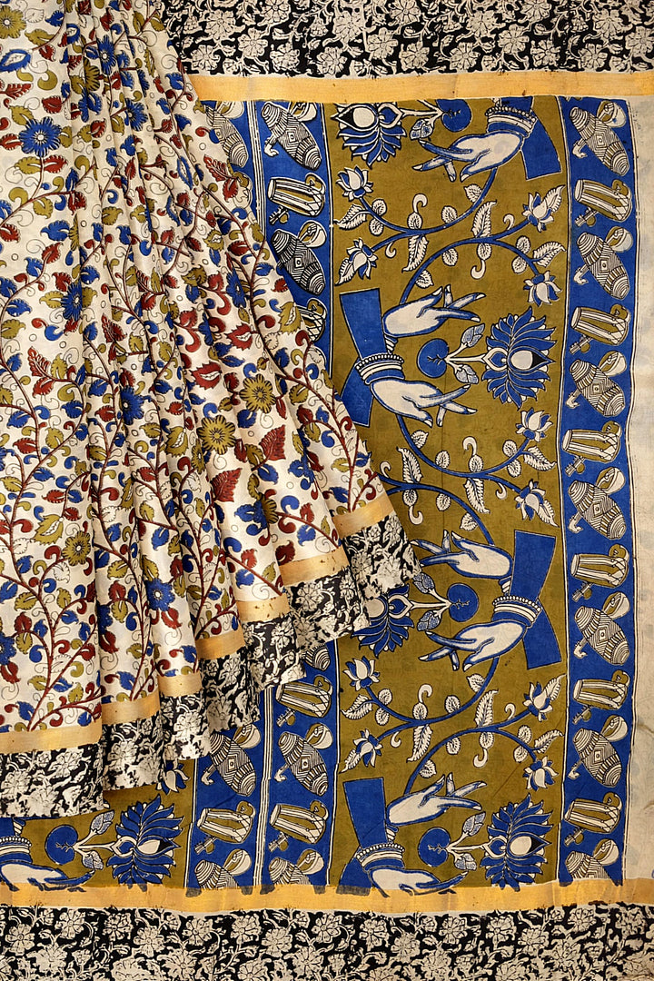 Mangalgiri silk cotton saree in off white  in  kalamkari print