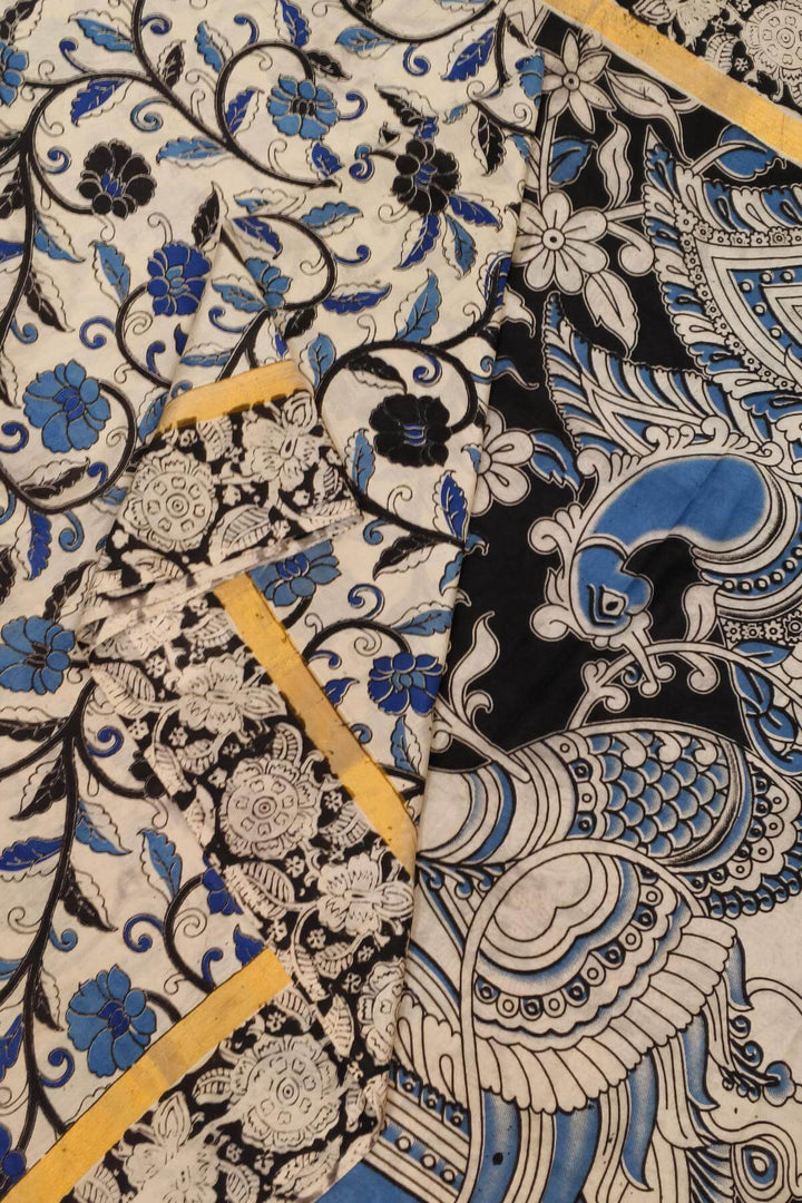Mangalgiri silk cotton saree in off white & blue in  kalamkari print