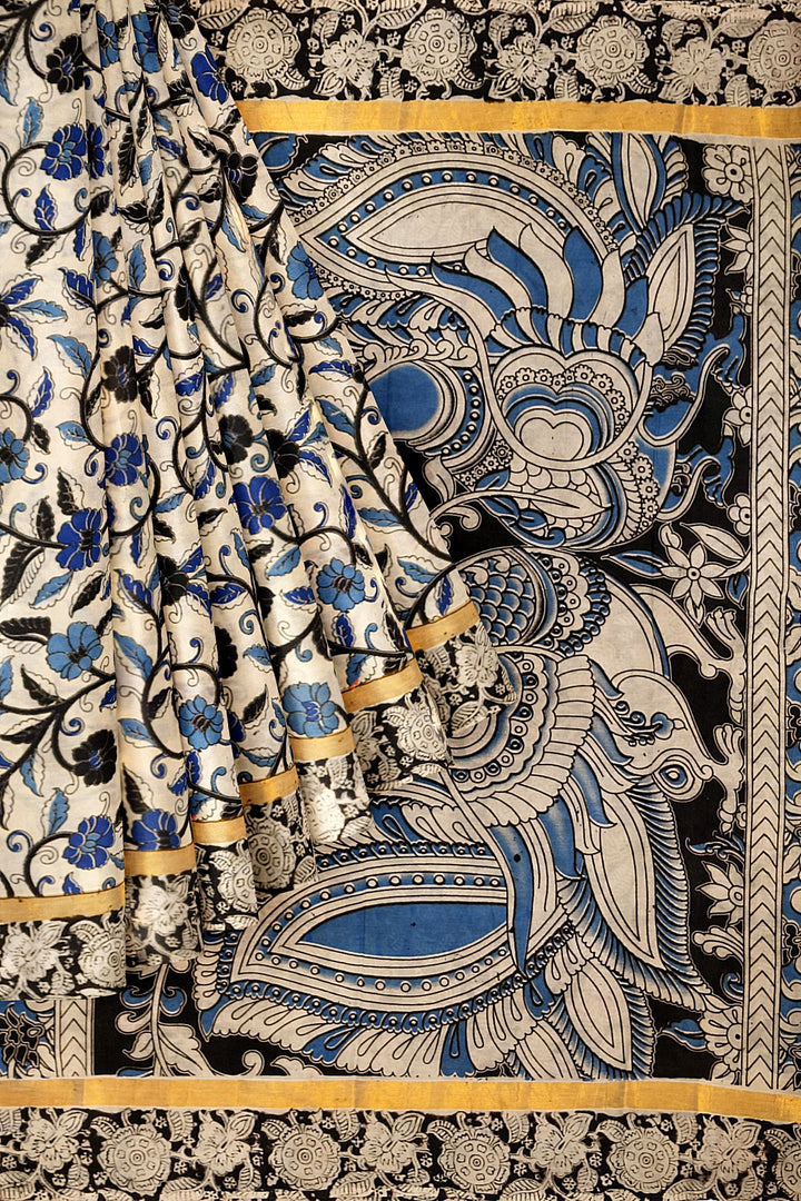 Mangalgiri silk cotton saree in off white & blue in  kalamkari print