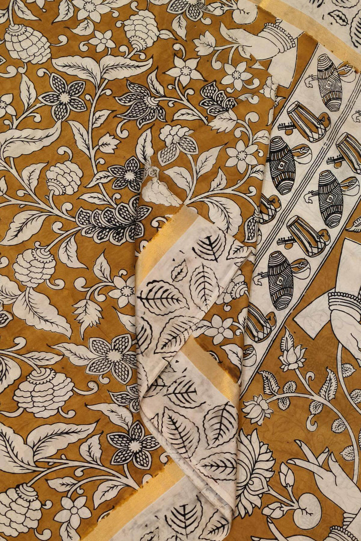 Mangalgiri silk cotton saree in mustard in  kalamkari print