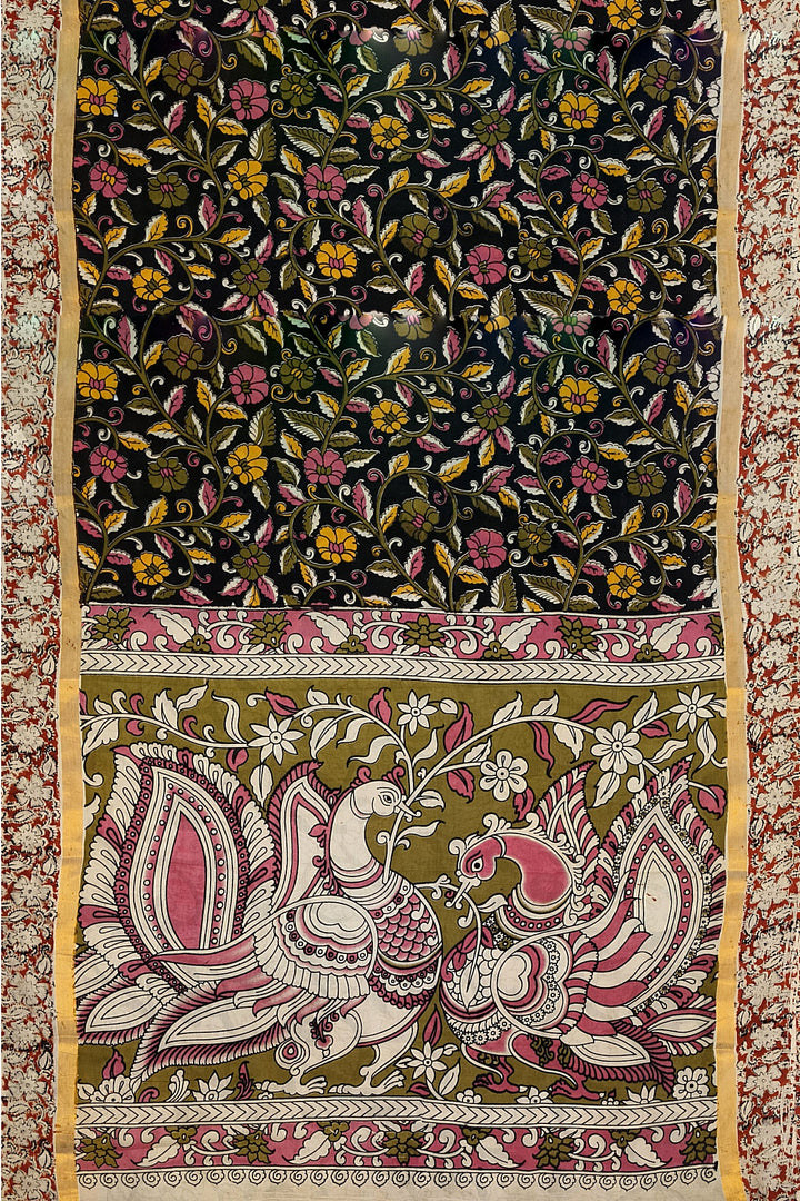 Mangalgiri silk cotton saree in black in  kalamkari print