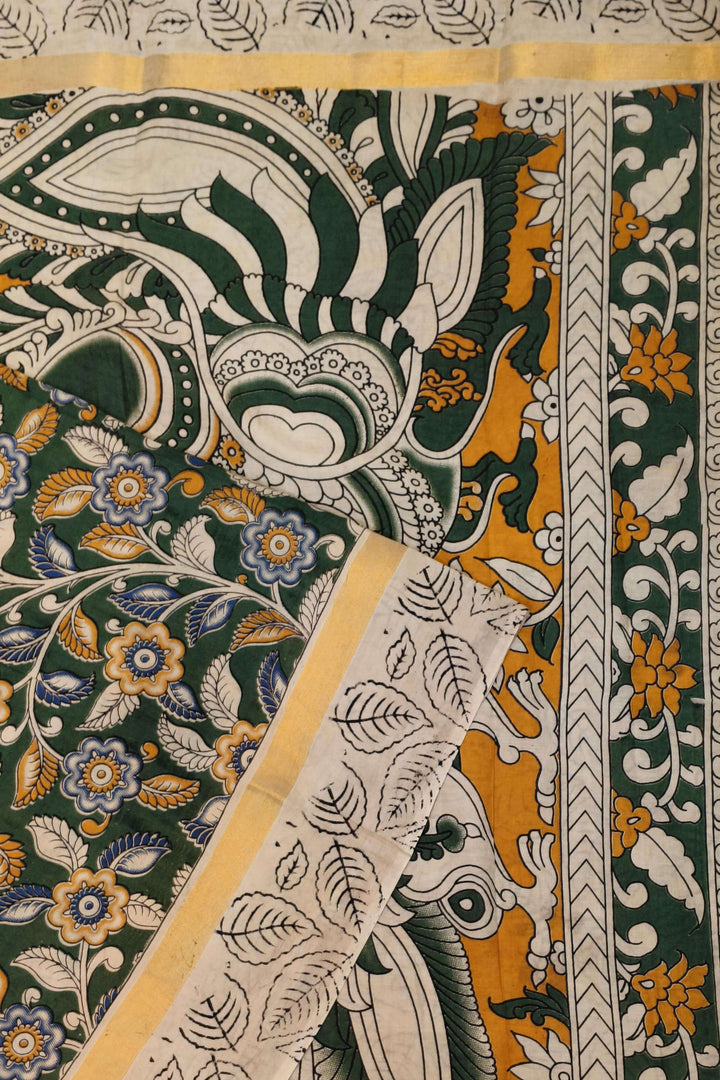 Mangalgiri silk cotton saree in green  in kalamkari print