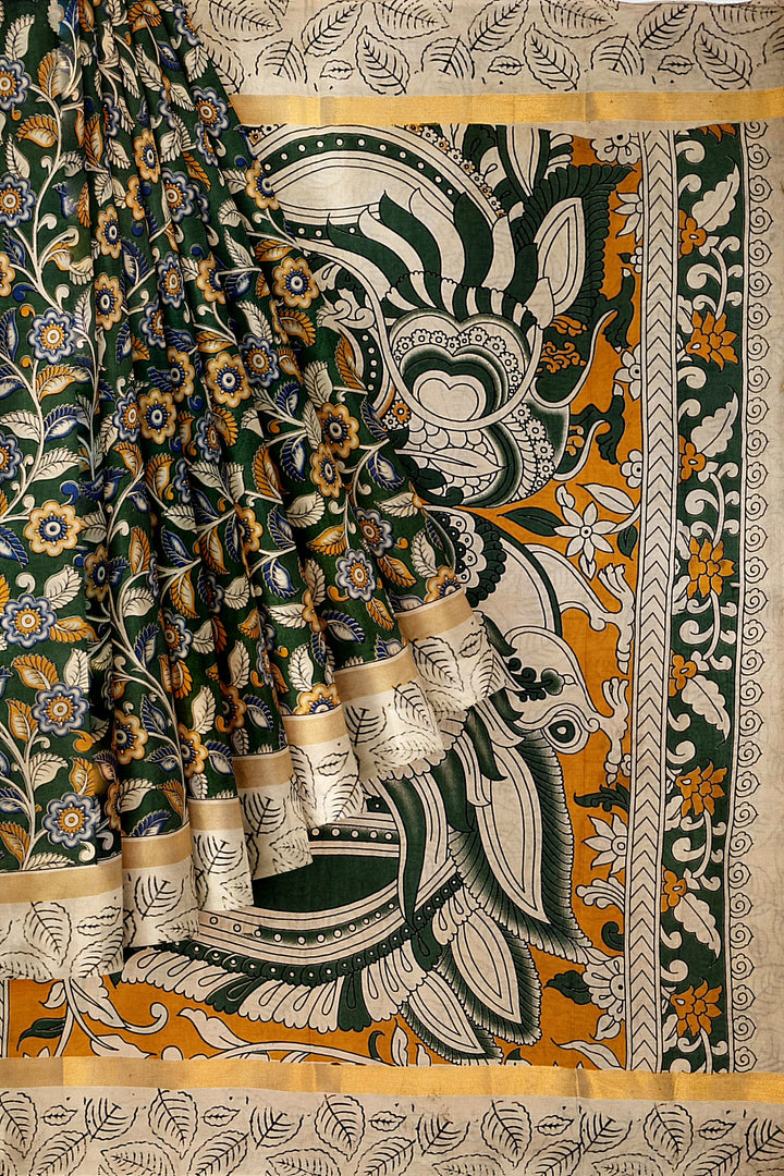 Mangalgiri silk cotton saree in green  in kalamkari print