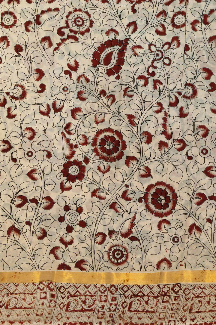 Mangalgiri silk cotton saree in off white  in kalamkari print