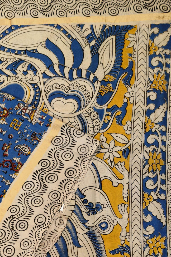 Mangalgiri silk cotton saree in blue in kalamkari print