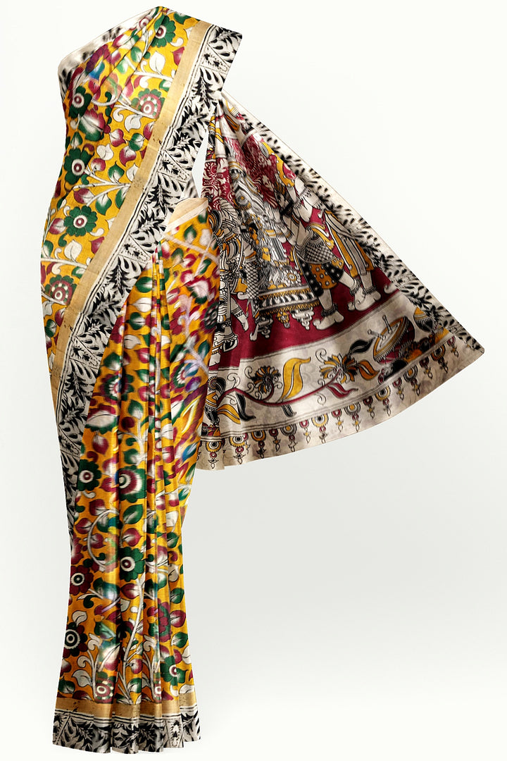 Mangalgiri silk cotton saree in  mustard in kalamkari print