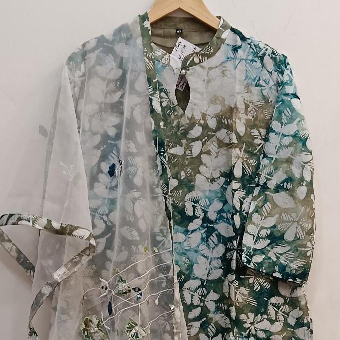 Muslin  2 piece  kurta & dupatta set in greenish grey