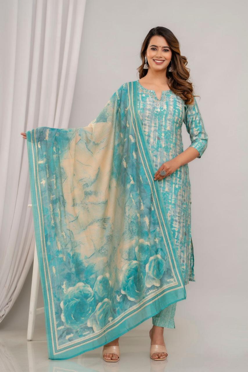 Muslin 3piece kurta set ( top, bottom & dupatta) in teal green
