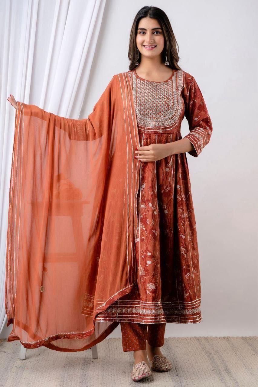 Muslin 3piece kurta set ( top, bottom & dupatta)in rust colour