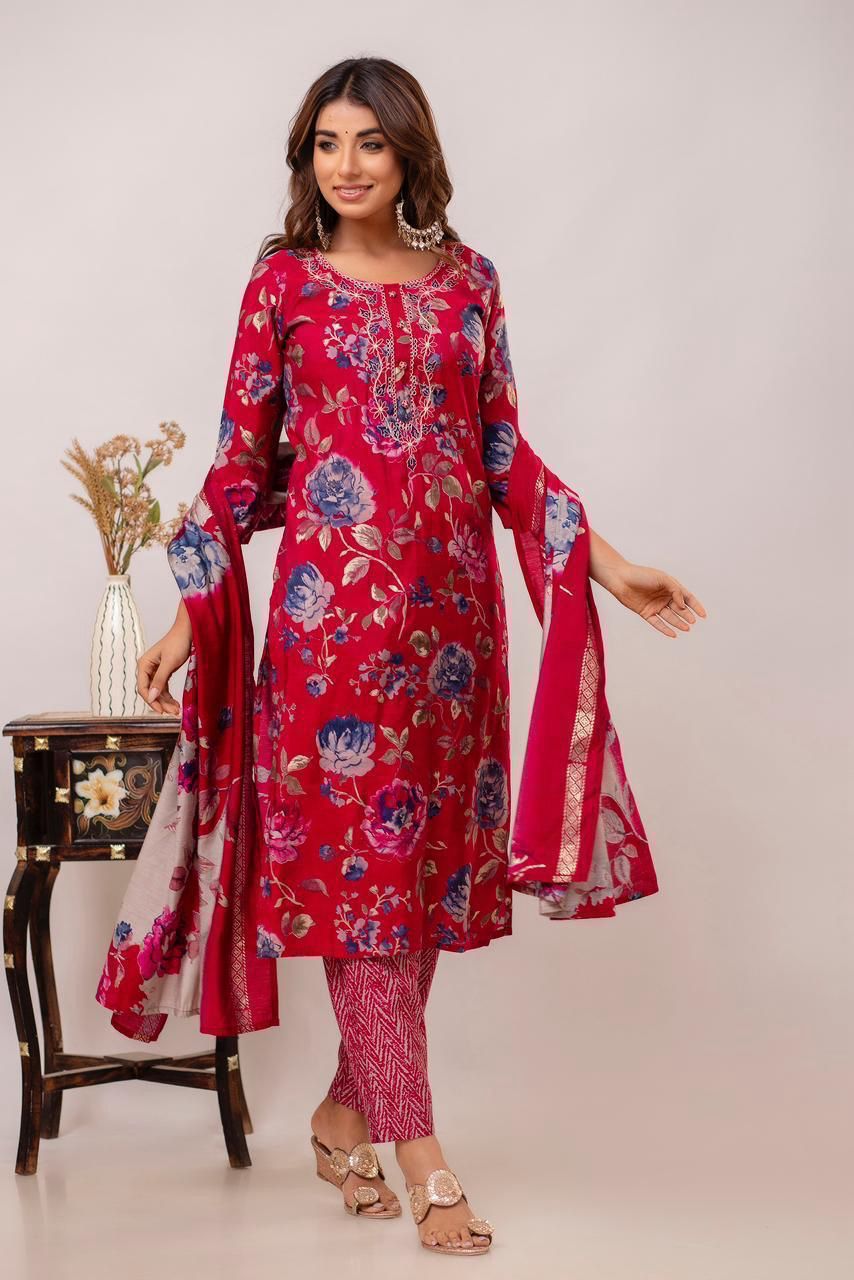 Muslin 3piece kurta set ( top, bottom & dupatta) in dark pink
