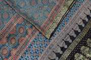 Modal silk saree in blue  in hand block ajrakh print