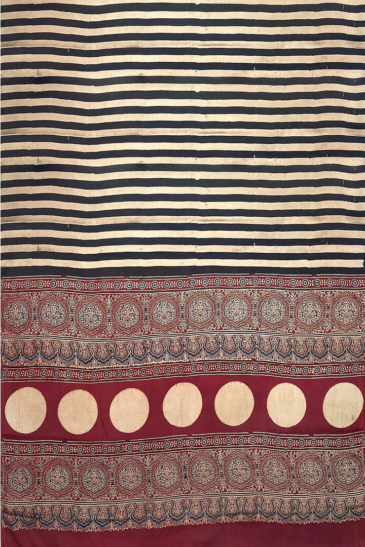 Modal silk saree in cream with stripes  and hand block print ajrakh pallu