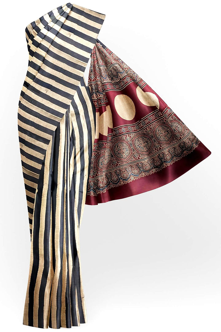 Modal silk saree in cream with stripes  and hand block print ajrakh pallu