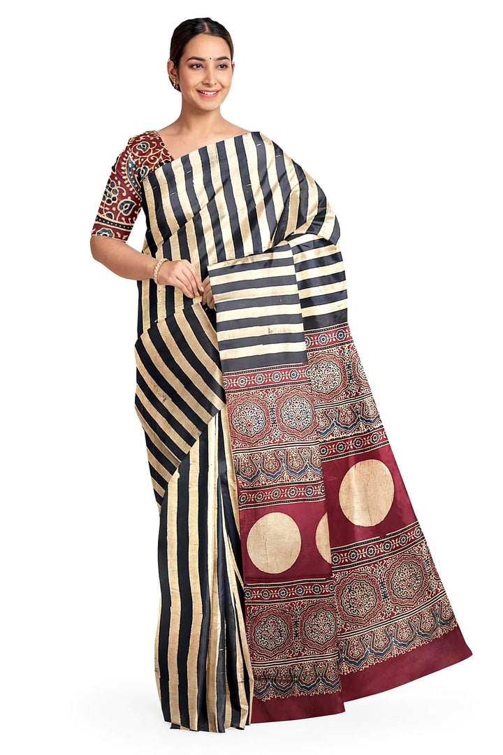 Modal silk saree in cream with stripes  and hand block print ajrakh pallu