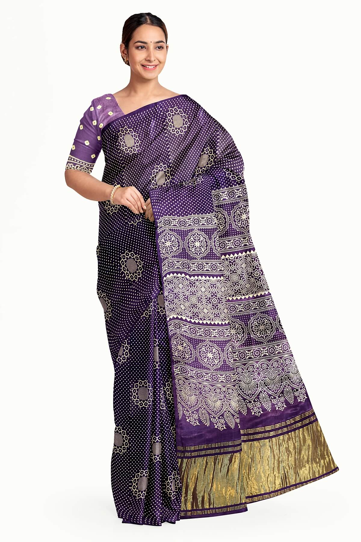 Modal silk saree in floral pattern in purple with lagda patti