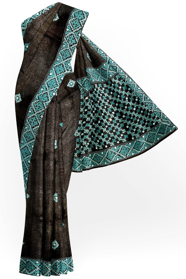 Beautiful silk organza saree in black with kutch work
