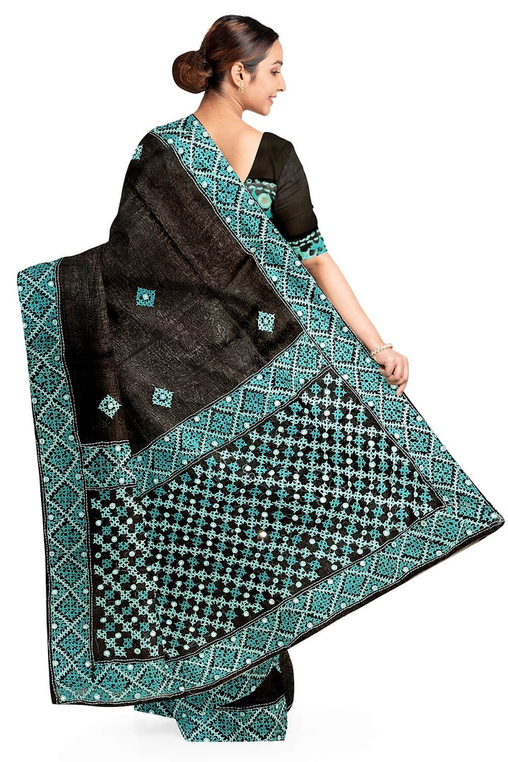 Beautiful silk organza saree in black with kutch work