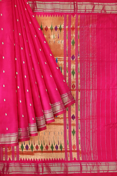 Handwoven Paithani pure silk saree in pink with small mango motifs
