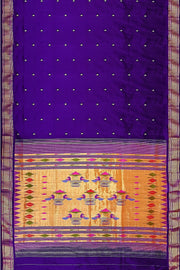 Handwoven Paithani pure silk saree in violet with small mango motifs.