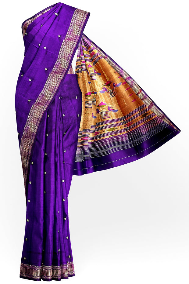 Handwoven Paithani pure silk saree in violet with small mango motifs.